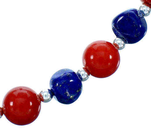 Navajo Sterling Silver Coral Lapis Bead Necklace And Earrings Set LX113490